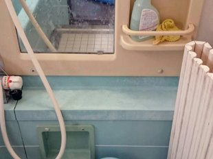 カビや水垢で汚れた浴室カウンター